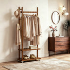 TAITIY Solid Wood Rack on Wheels, 2 Shelves & 5 Hooks