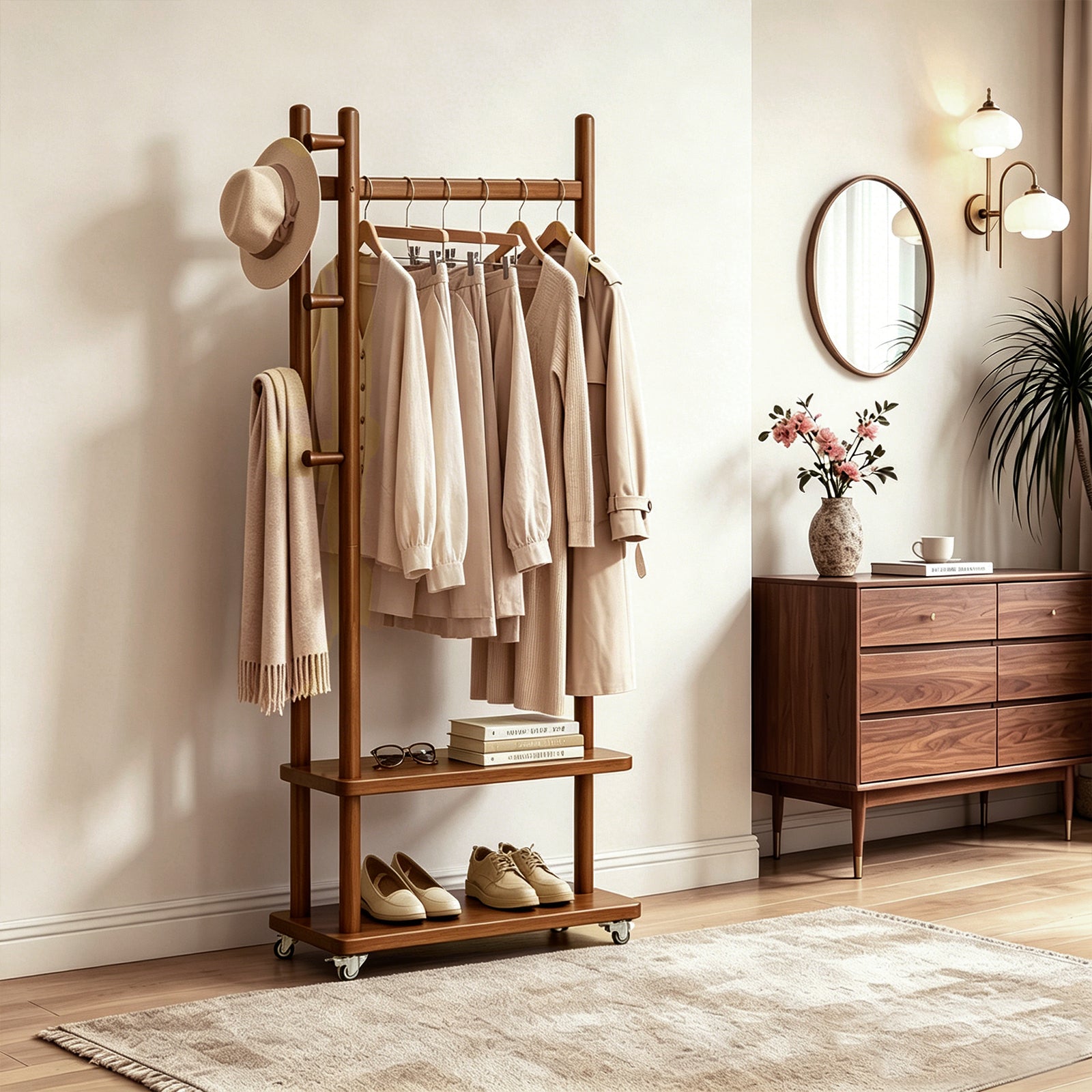 TAITIY Solid Wood Rack on Wheels, 2 Shelves & 5 Hooks
