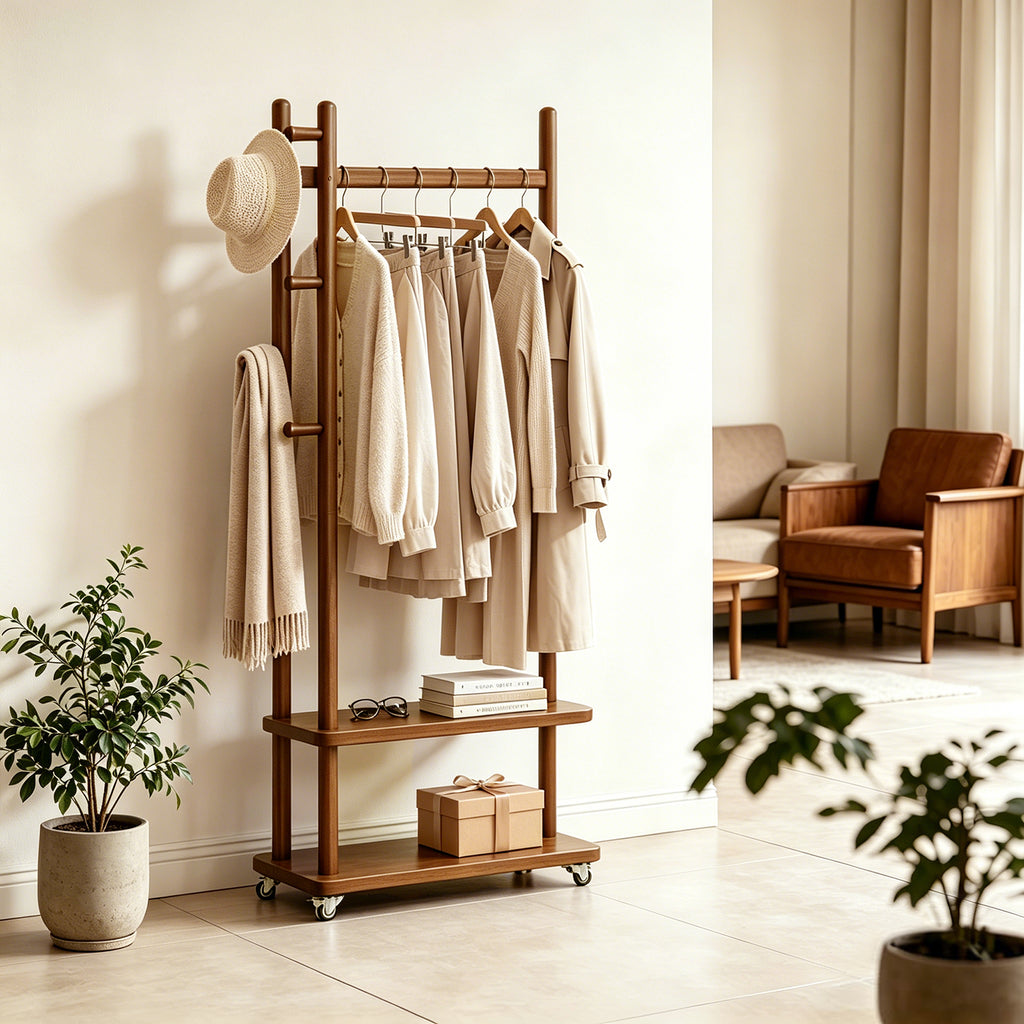 TAITIY Solid Wood Rack on Wheels, 2 Shelves & 5 Hooks