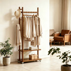 TAITIY Solid Wood Rack on Wheels, 2 Shelves & 5 Hooks