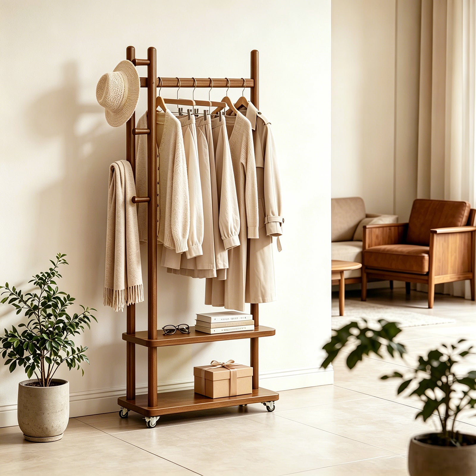 TAITIY Solid Wood Rack on Wheels, 2 Shelves & 5 Hooks