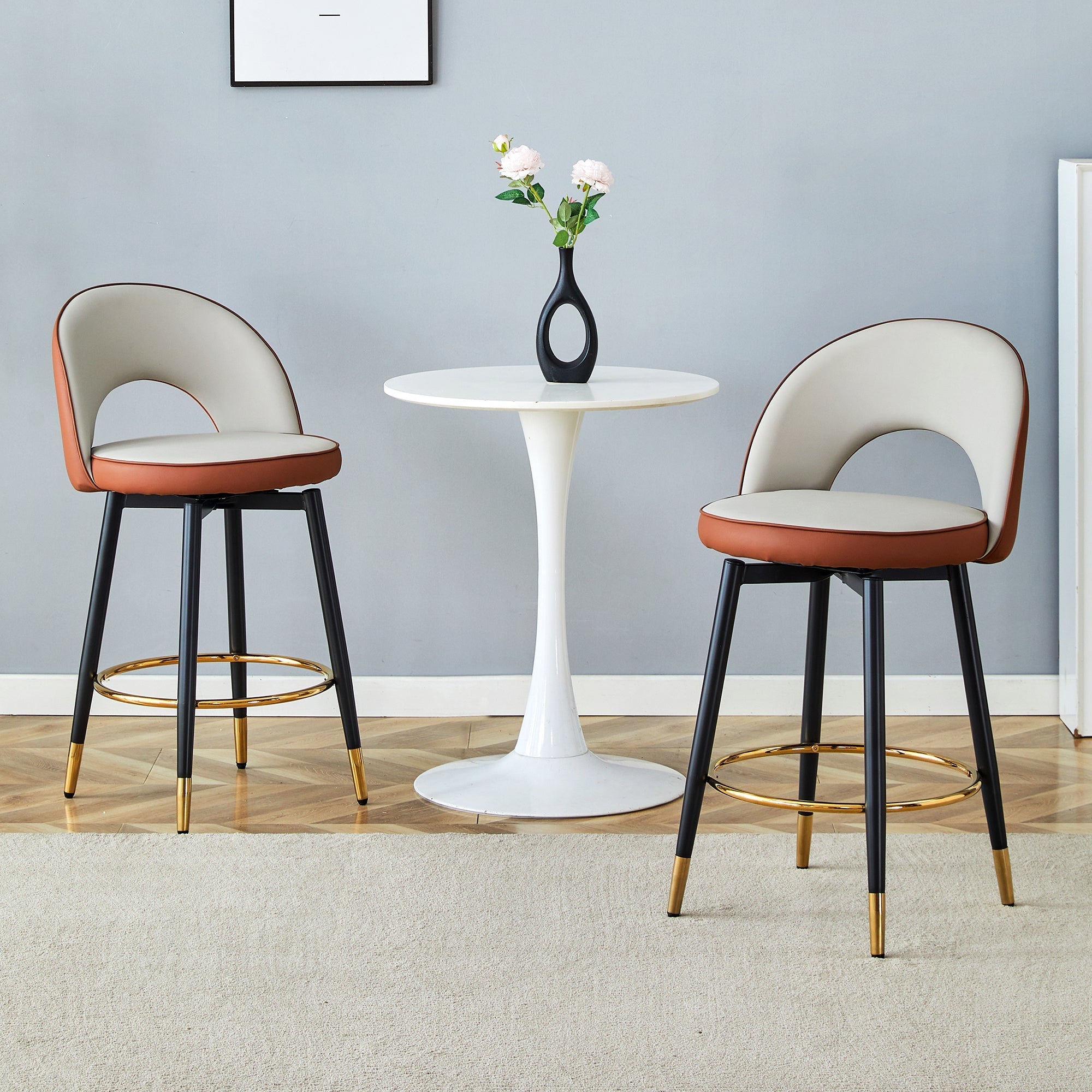 Swivel Bar Stool Set of 2 – 360° Rotating PU Leather Counter Stools, Brown & Gray, Ergonomic Design for Kitchen & Bar