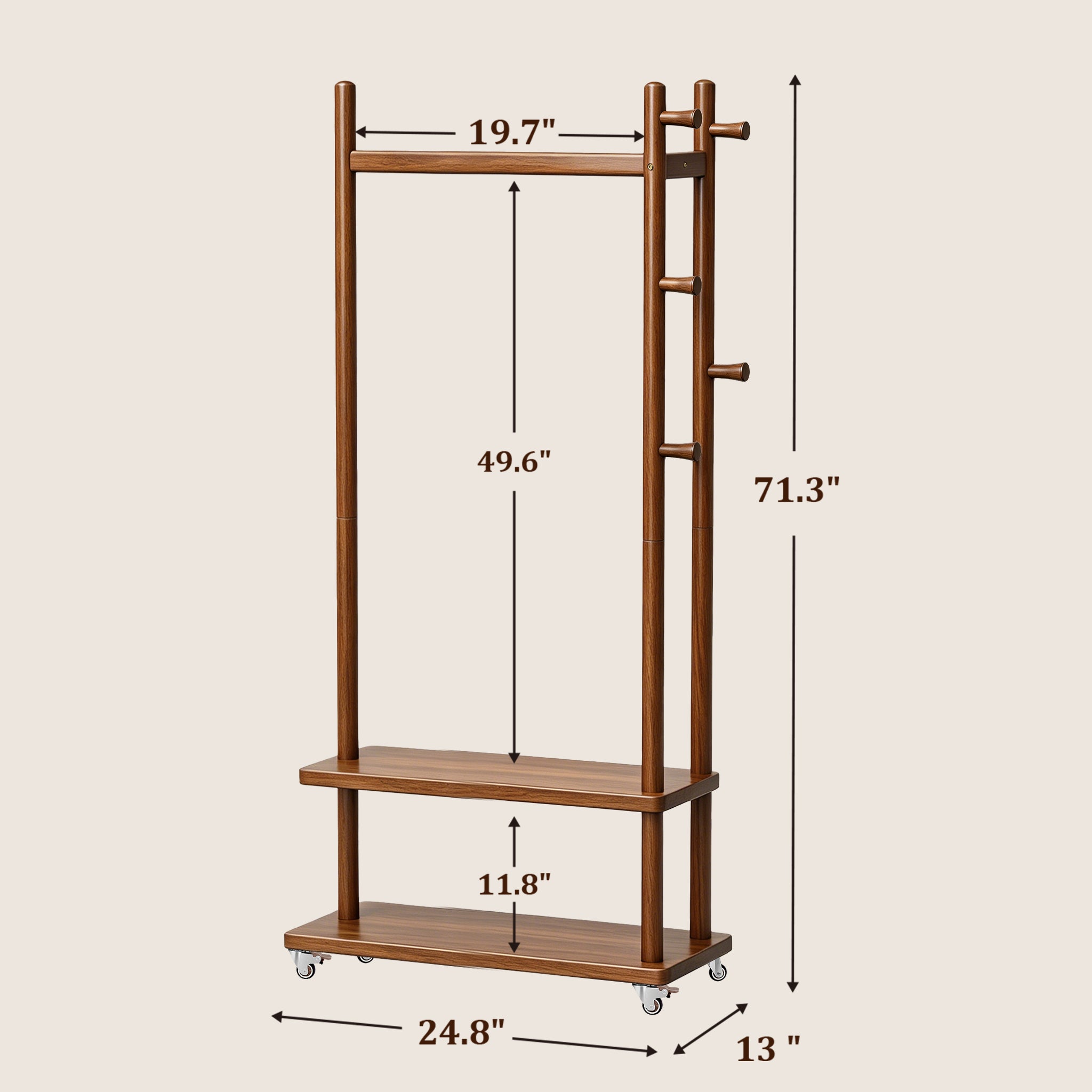 TAITIY Solid Wood Rack on Wheels, 2 Shelves & 5 Hooks
