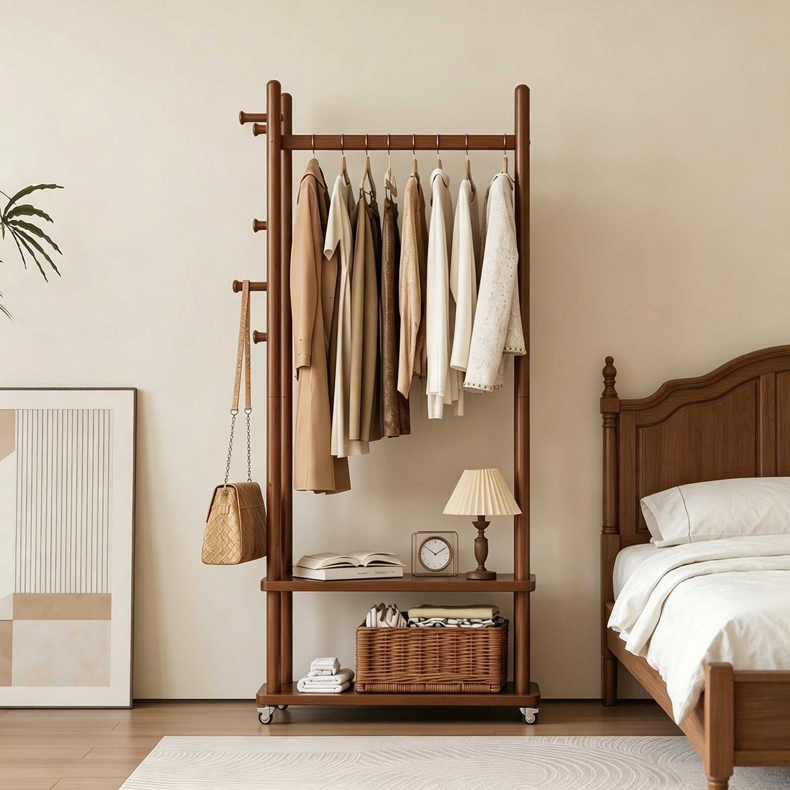 TAITIY Solid Wood Rack on Wheels, 2 Shelves & 5 Hooks