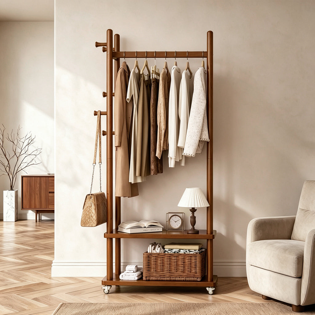 TAITIY Solid Wood Rack on Wheels, 2 Shelves & 5 Hooks