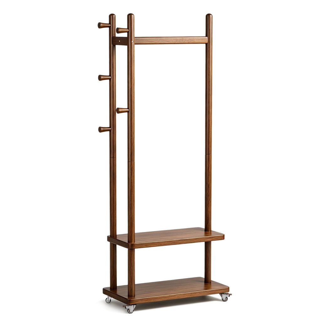 TAITIY Solid Wood Rack on Wheels, 2 Shelves & 5 Hooks