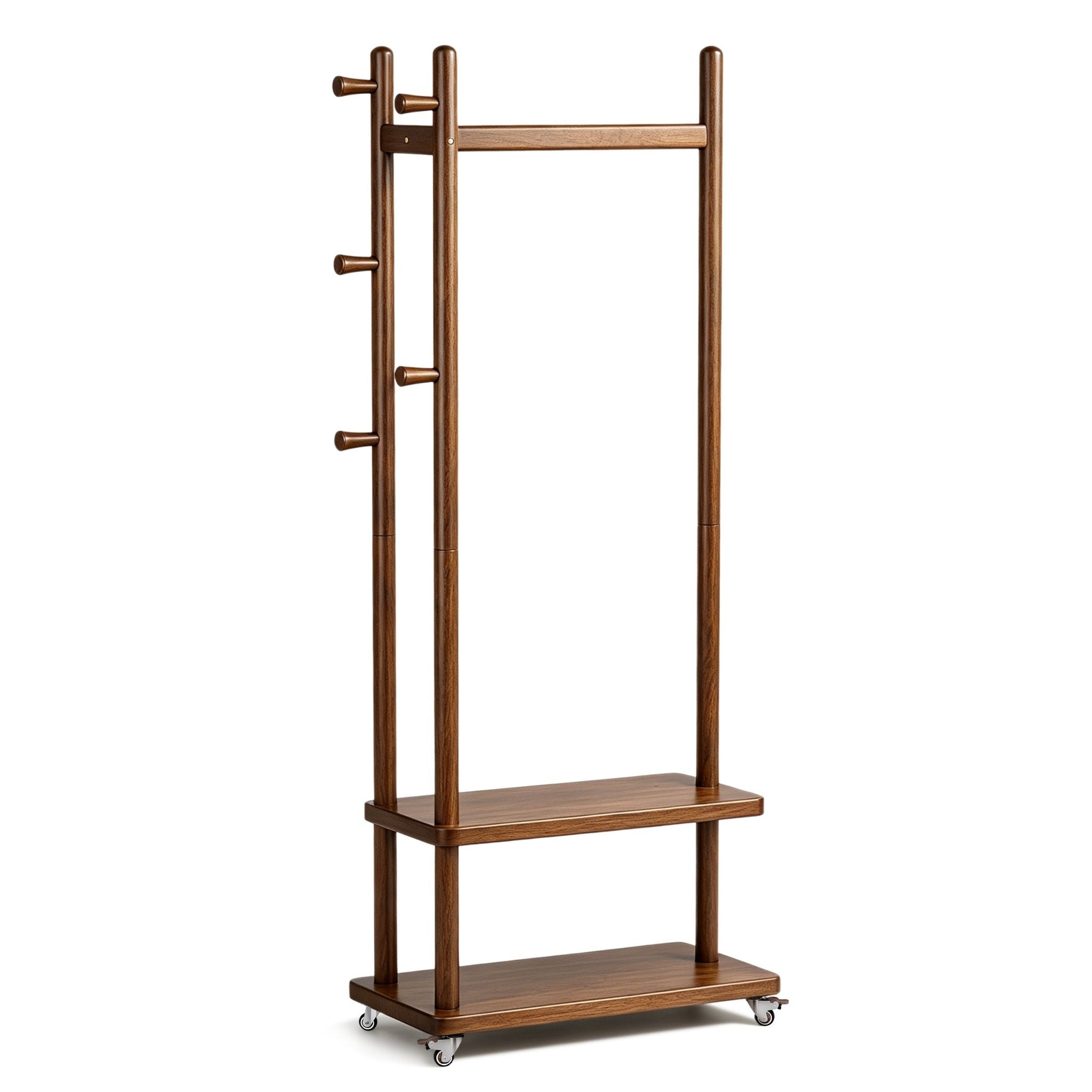 TAITIY Solid Wood Rack on Wheels, 2 Shelves & 5 Hooks