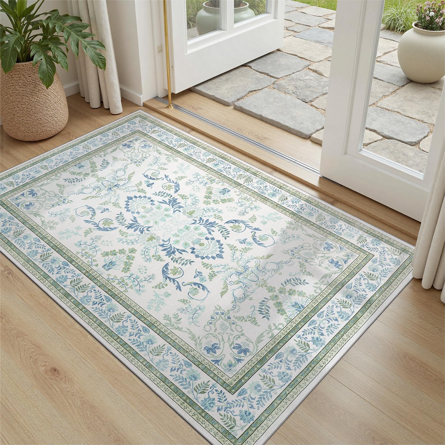 Area Rug 5x5 Botanical Floral Washable Rugs in Green and Blue Soft Non Slip Low Pile Stain Resistant Round Carpet for High-Traffic Areas Bedroom Kitchen
