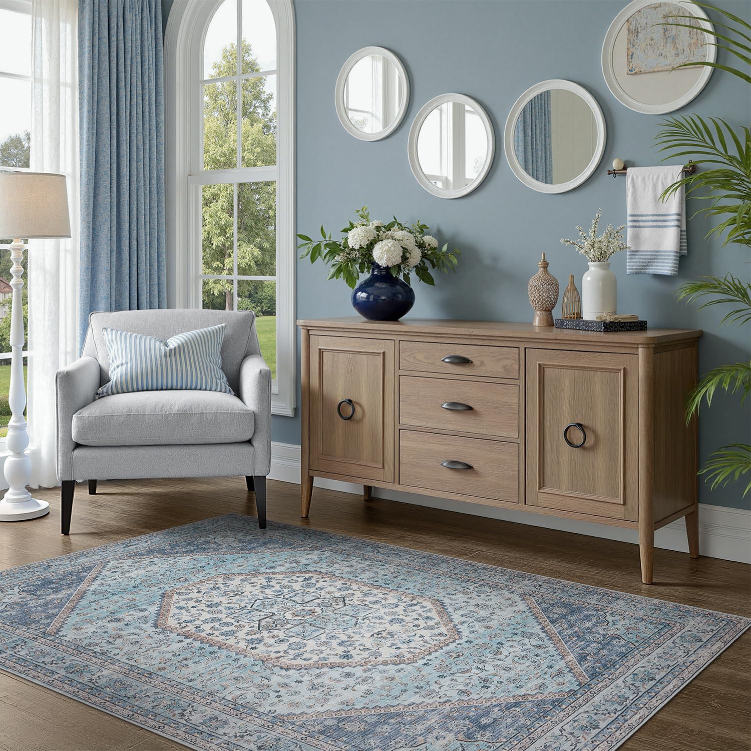 Area Rug 5x5 Botanical Floral Washable Rugs in Green and Blue Soft Non Slip Low Pile Stain Resistant Round Carpet for High-Traffic Areas Bedroom Kitchen