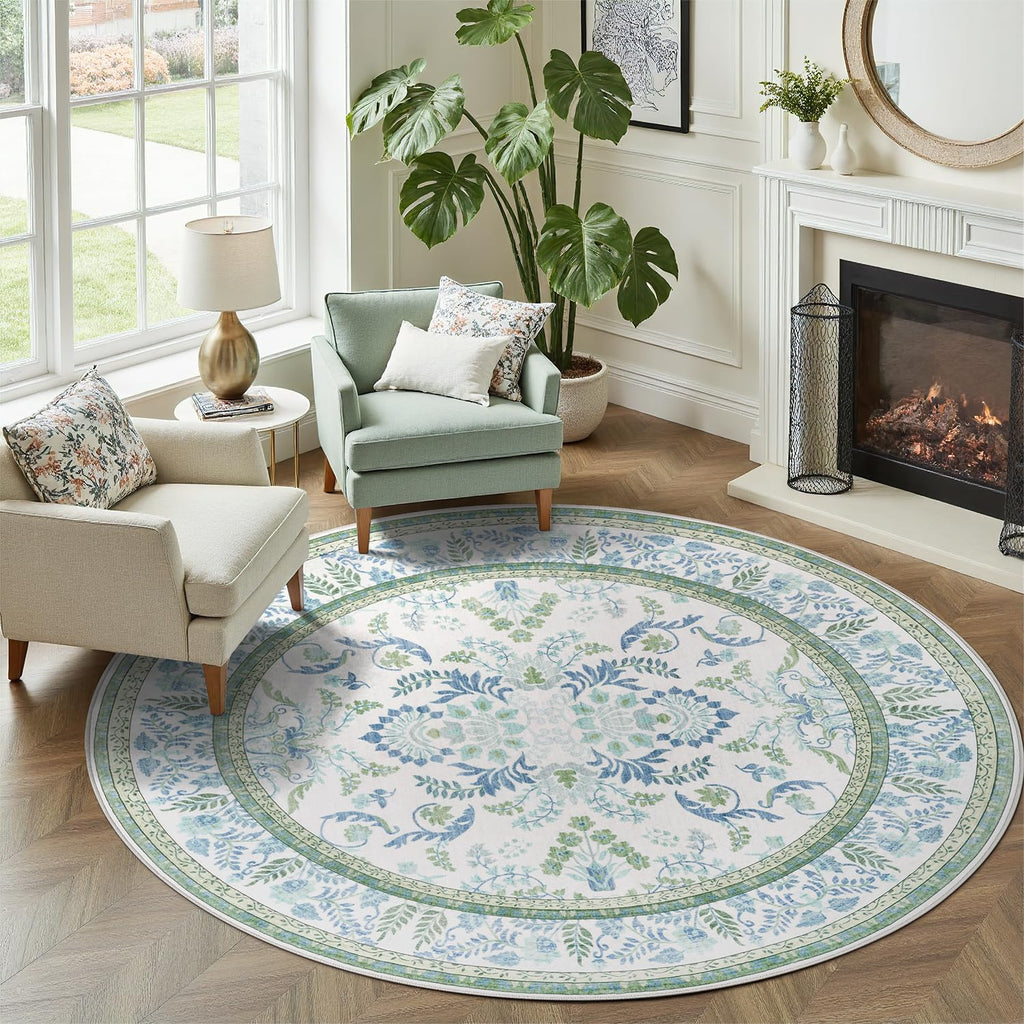 Area Rug 5x5 Botanical Floral Washable Rugs in Green and Blue Soft Non Slip Low Pile Stain Resistant Round Carpet for High-Traffic Areas Bedroom Kitchen