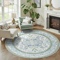 Area Rug 5x5 Botanical Floral Washable Rugs in Green and Blue Soft Non Slip Low Pile Stain Resistant Round Carpet for High-Traffic Areas Bedroom Kitchen