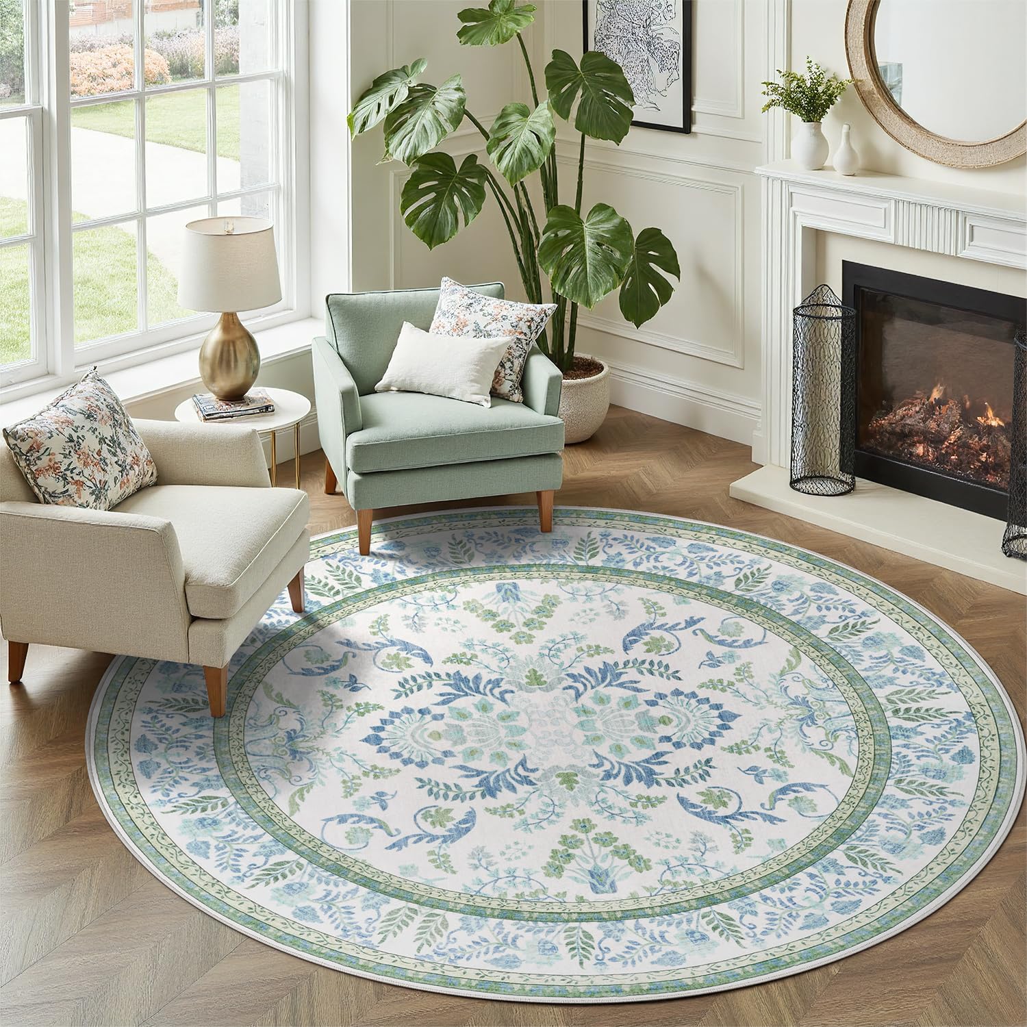 Area Rug 5x5 Botanical Floral Washable Rugs in Green and Blue Soft Non Slip Low Pile Stain Resistant Round Carpet for High-Traffic Areas Bedroom Kitchen