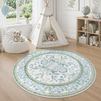 Area Rug 5x5 Botanical Floral Washable Rugs in Green and Blue Soft Non Slip Low Pile Stain Resistant Round Carpet for High-Traffic Areas Bedroom Kitchen