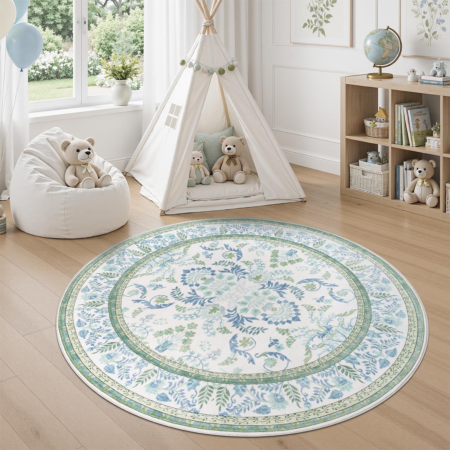 Area Rug 5x5 Botanical Floral Washable Rugs in Green and Blue Soft Non Slip Low Pile Stain Resistant Round Carpet for High-Traffic Areas Bedroom Kitchen