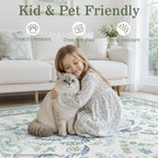 Area Rug 5x5 Botanical Floral Washable Rugs in Green and Blue Soft Non Slip Low Pile Stain Resistant Round Carpet for High-Traffic Areas Bedroom Kitchen