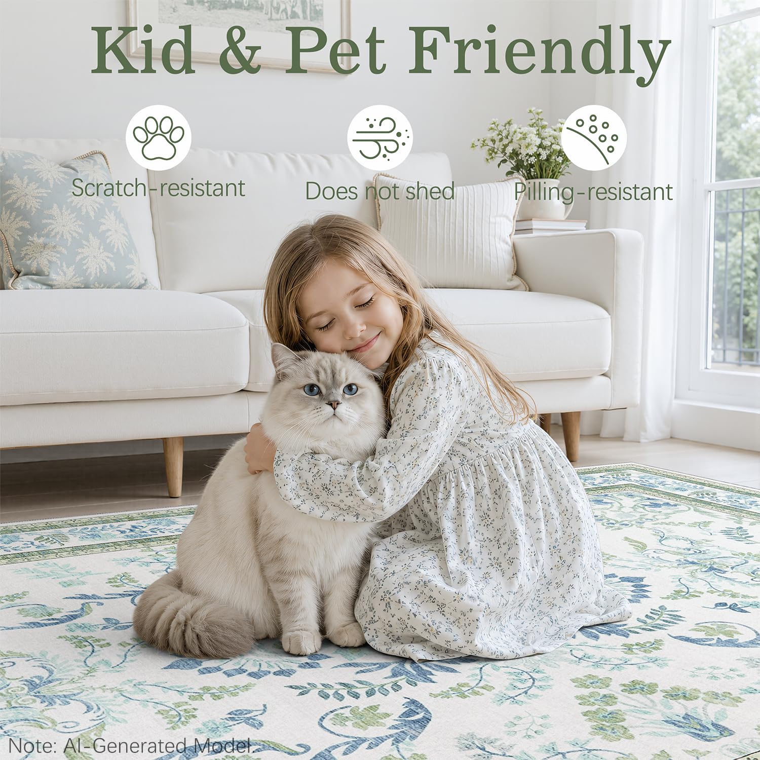 Area Rug 5x5 Botanical Floral Washable Rugs in Green and Blue Soft Non Slip Low Pile Stain Resistant Round Carpet for High-Traffic Areas Bedroom Kitchen