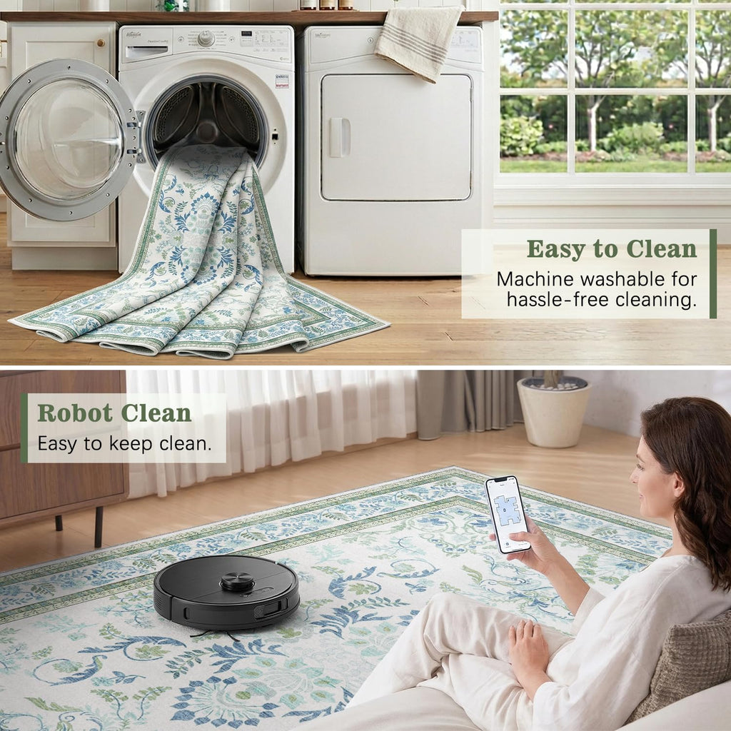Area Rug 5x5 Botanical Floral Washable Rugs in Green and Blue Soft Non Slip Low Pile Stain Resistant Round Carpet for High-Traffic Areas Bedroom Kitchen
