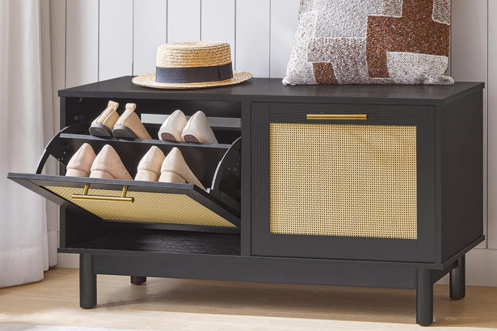 Rattan Shoe Storage Bench with Double Flip Drawers | Holds 300 lbs | Narrow Entryway Organizer