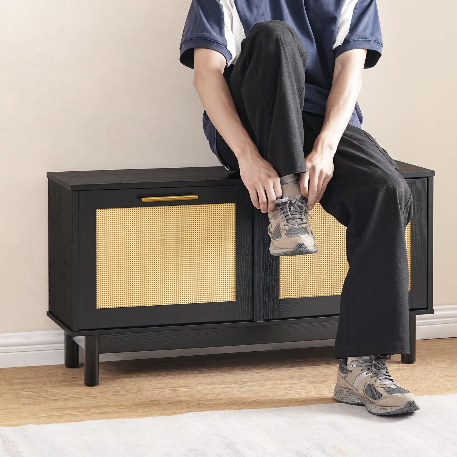 Rattan Shoe Storage Bench with Double Flip Drawers | Holds 300 lbs | Narrow Entryway Organizer