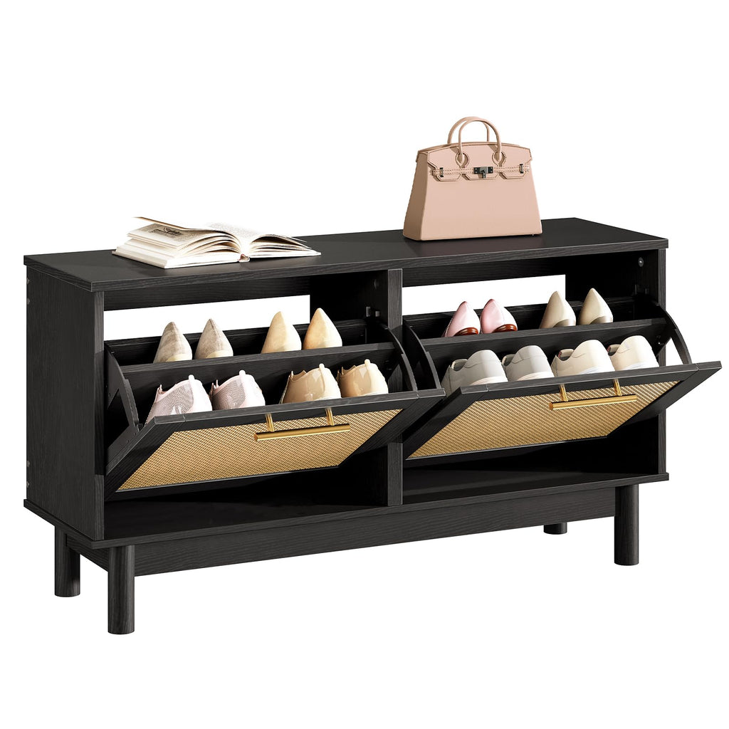 Rattan Shoe Storage Bench with Double Flip Drawers | Holds 300 lbs | Narrow Entryway Organizer