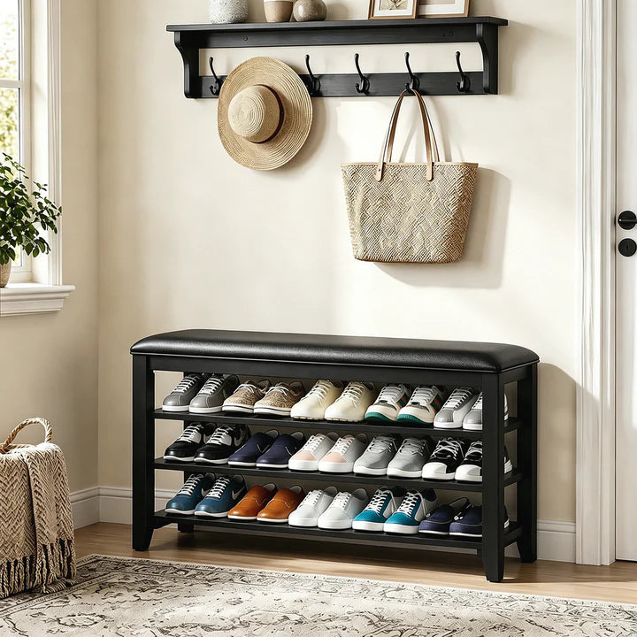 Entryway Solid Wood Shoe Storage Bench Multi-tier Shoe Rack White