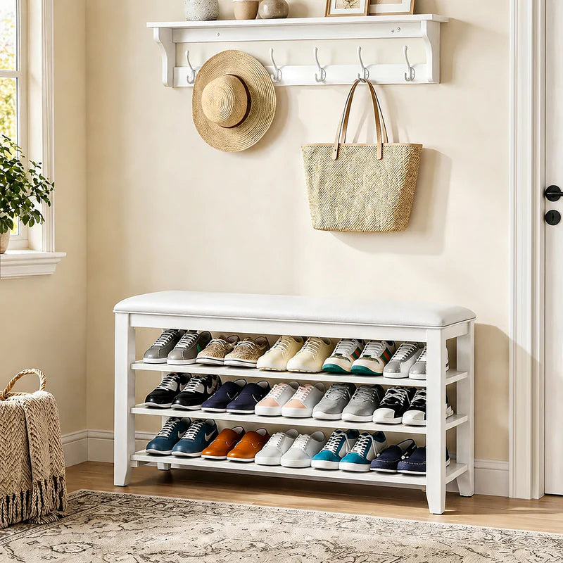 Entryway Solid Wood Shoe Storage Bench Multi-tier Shoe Rack White
