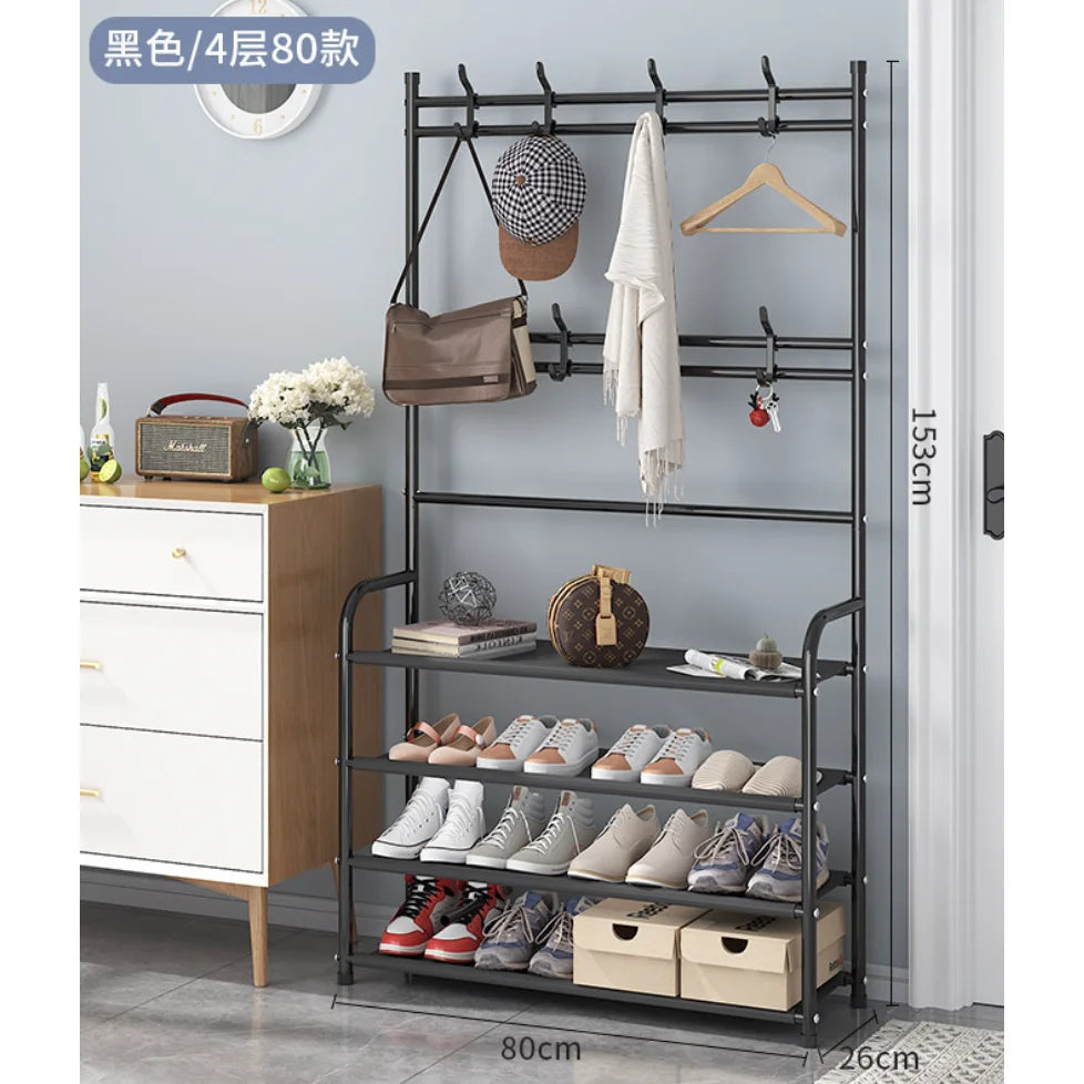 4-Layer Stainless Steel Floor Coat Rack with Straw-Blend Fabric Bins – Modern Entryway Shoe & Apparel Storage Solution