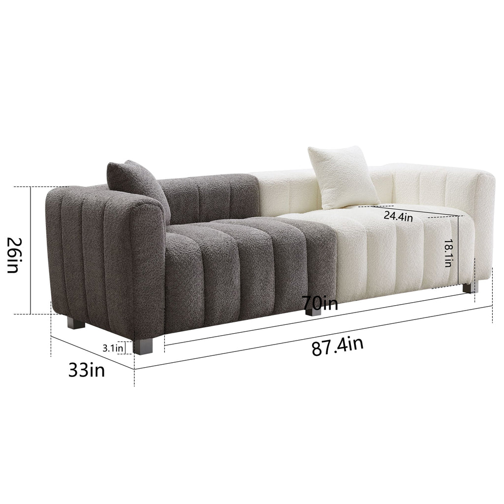 87.4'' 3 Seater Velvet Sofa Loveseat ,Pianokey sofa Modern Bubble Upholstered Couch with 2 Pillows and Metal Feet for Living Room Gray+White