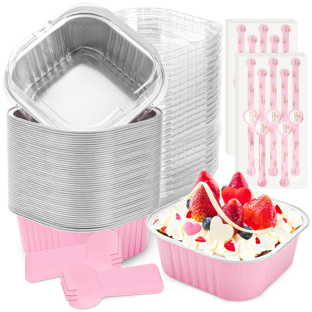 NPLUX Mini Cake Pans with Lids, 60 Pack Pink 5oz for Home Baking | Good for fudge, gelatin desserts, baked custard and cold treats; single-base workflow helps limit dish handling.