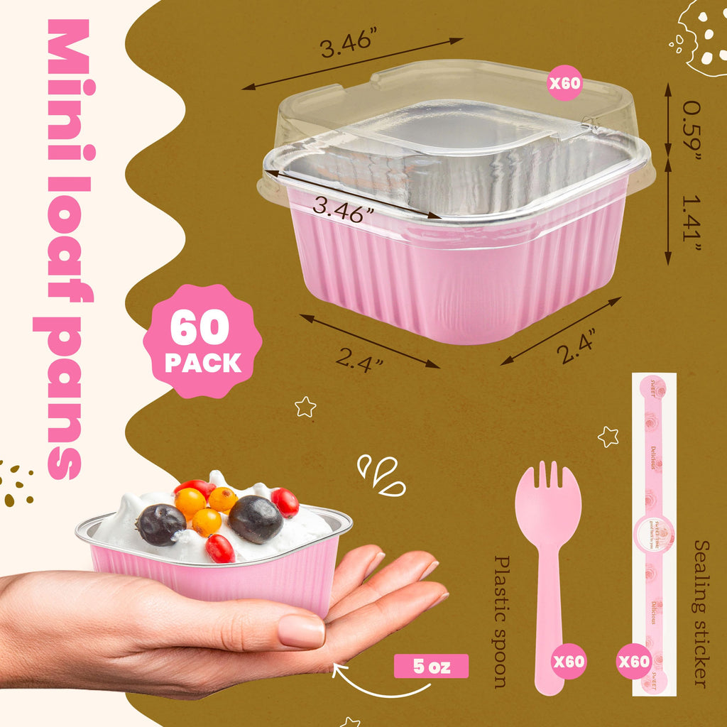 NPLUX Mini Cake Pans with Lids, 60 Pack Pink 5oz for Home Baking | Good for fudge, gelatin desserts, baked custard and cold treats; single-base workflow helps limit dish handling.
