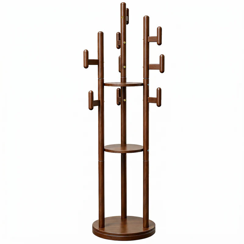 Rotary Coat Rack Solid Wood 9 Hooks & 3 Shelves