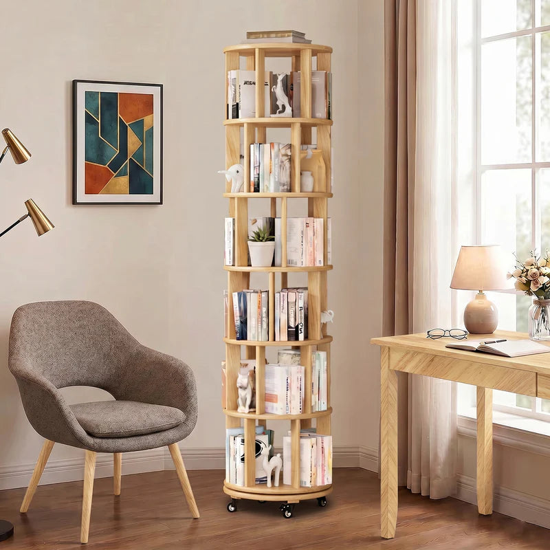 Rotating Bookshelf — Solid Wood, 6-Tier 360°