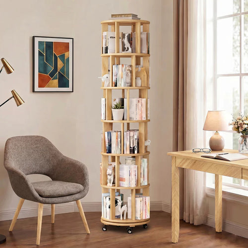 6-Tier 360° Rotating Bookshelf | Solid Rubberwood, Lockable Wheels | Holds 160 Books