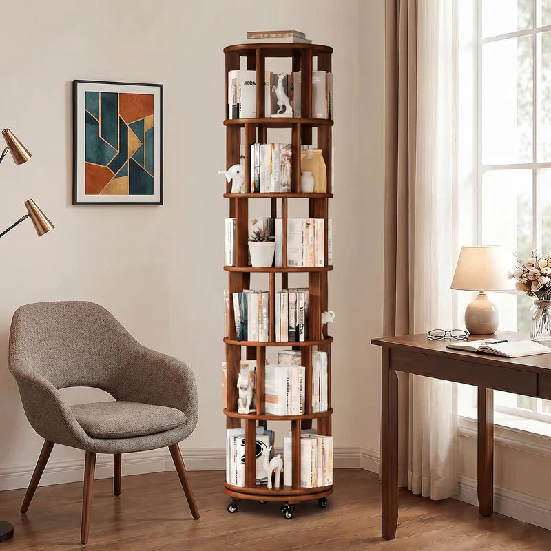 Rotating Bookshelf — Solid Wood, 6-Tier 360°