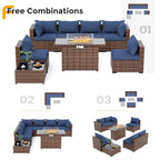 8-Piece Outdoor Sectional Sofa Set with Fire Pit Table — All-Weather PE Wicker Patio Conversation Set