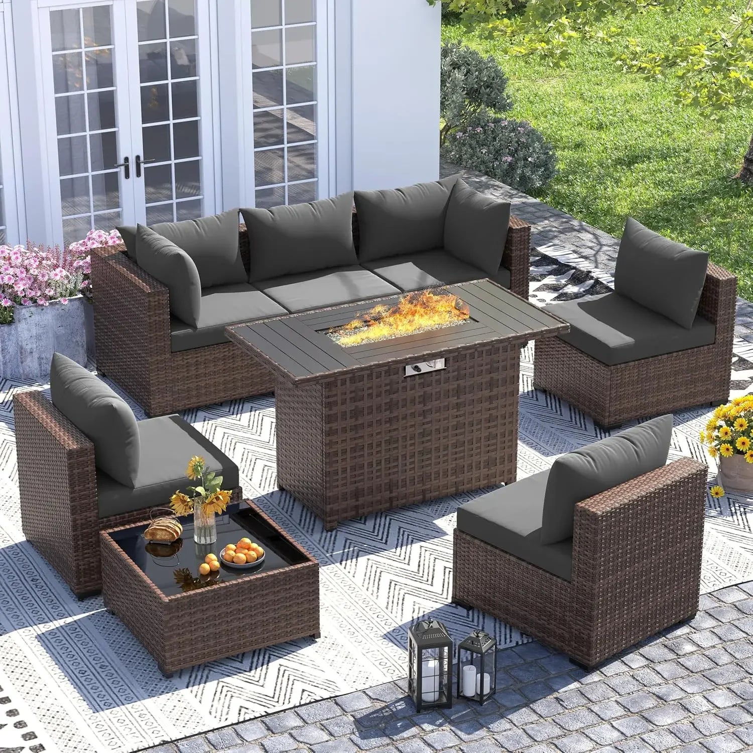 8-Piece Outdoor Sectional Sofa Set with Fire Pit Table — All-Weather PE Wicker Patio Conversation Set