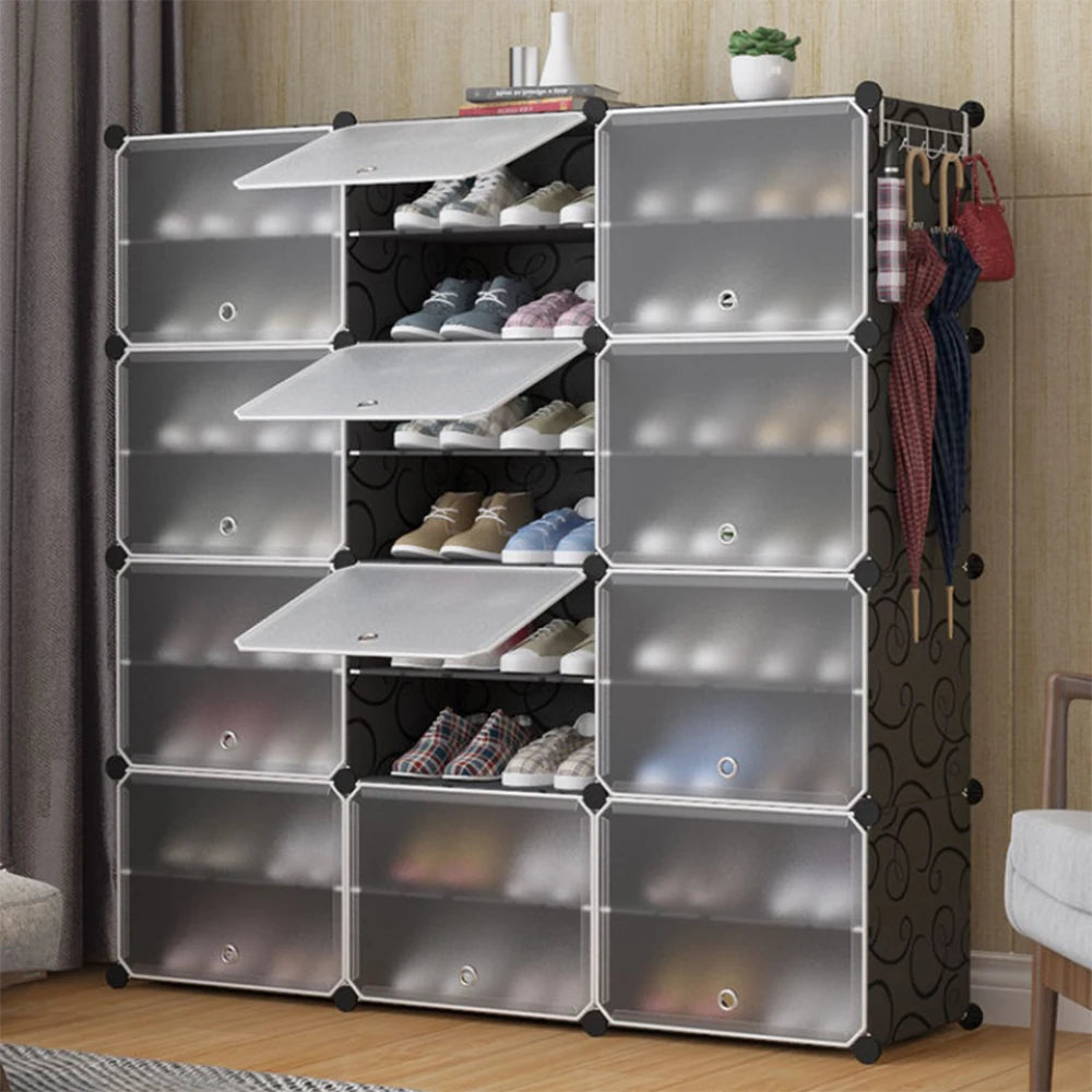 12-Compartment Modular Shoe Cabinet | Stackable DIY Organizer with Plastic Doors — Black