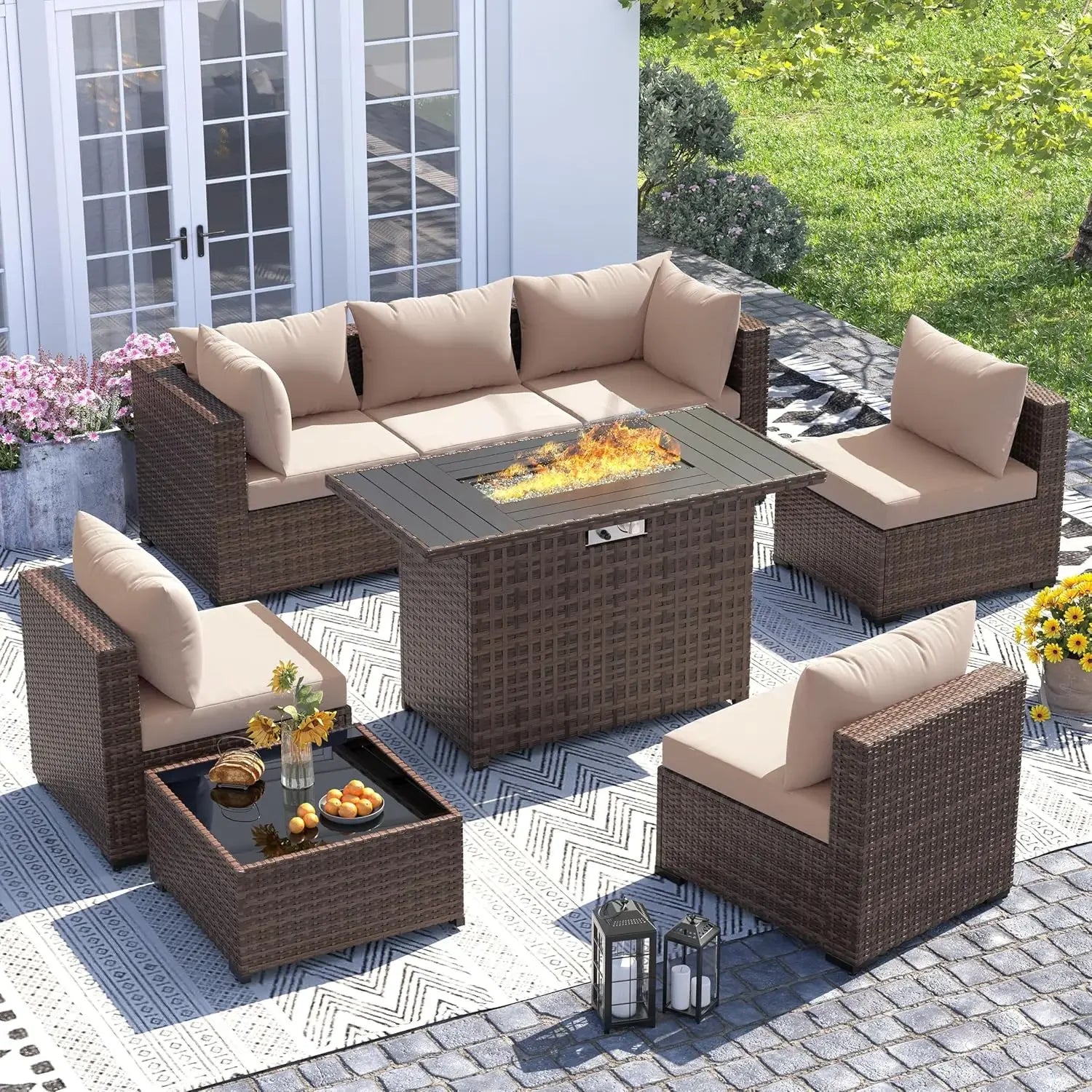 8-Piece Outdoor Sectional Sofa Set with Fire Pit Table — All-Weather PE Wicker Patio Conversation Set