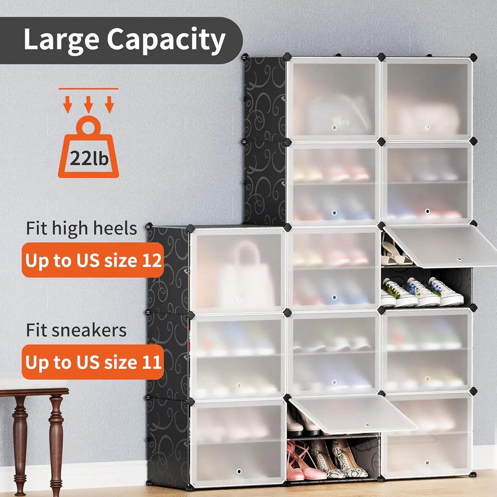 12-Compartment Modular Shoe Cabinet | Stackable DIY Organizer with Plastic Doors — Black