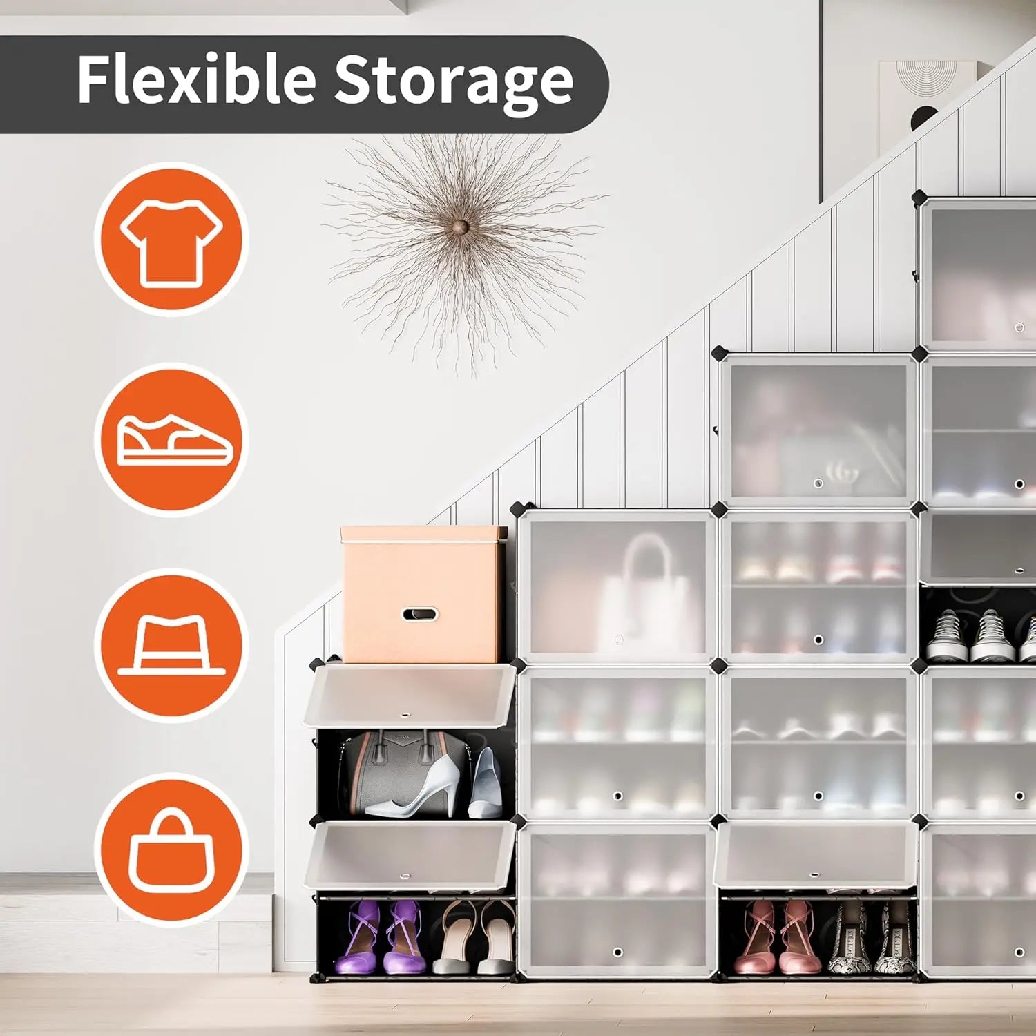 12-Compartment Modular Shoe Cabinet | Stackable DIY Organizer with Plastic Doors — Black