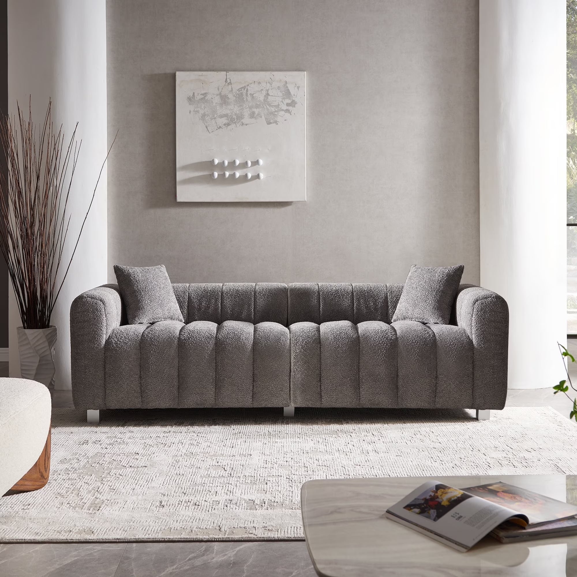 87.4'' 3 Seater Velvet Sofa Loveseat ,Pianokey sofa Modern Bubble Upholstered Couch with 2 Pillows and Metal Feet for Living Room Gray+White