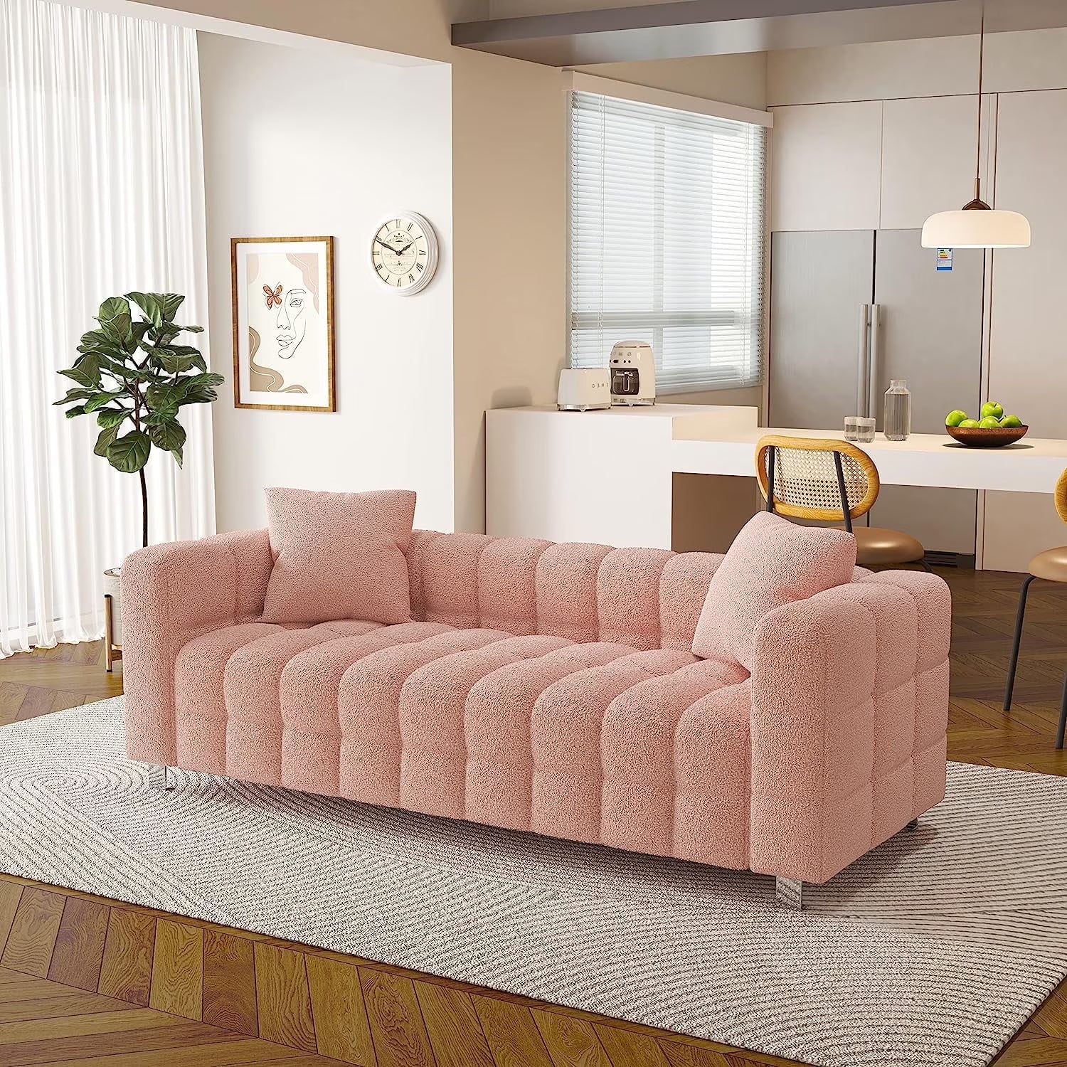 87.4'' 3 Seater Velvet Sofa Loveseat ,Pianokey sofa Modern Bubble Upholstered Couch with 2 Pillows and Metal Feet for Living Room Gray+White