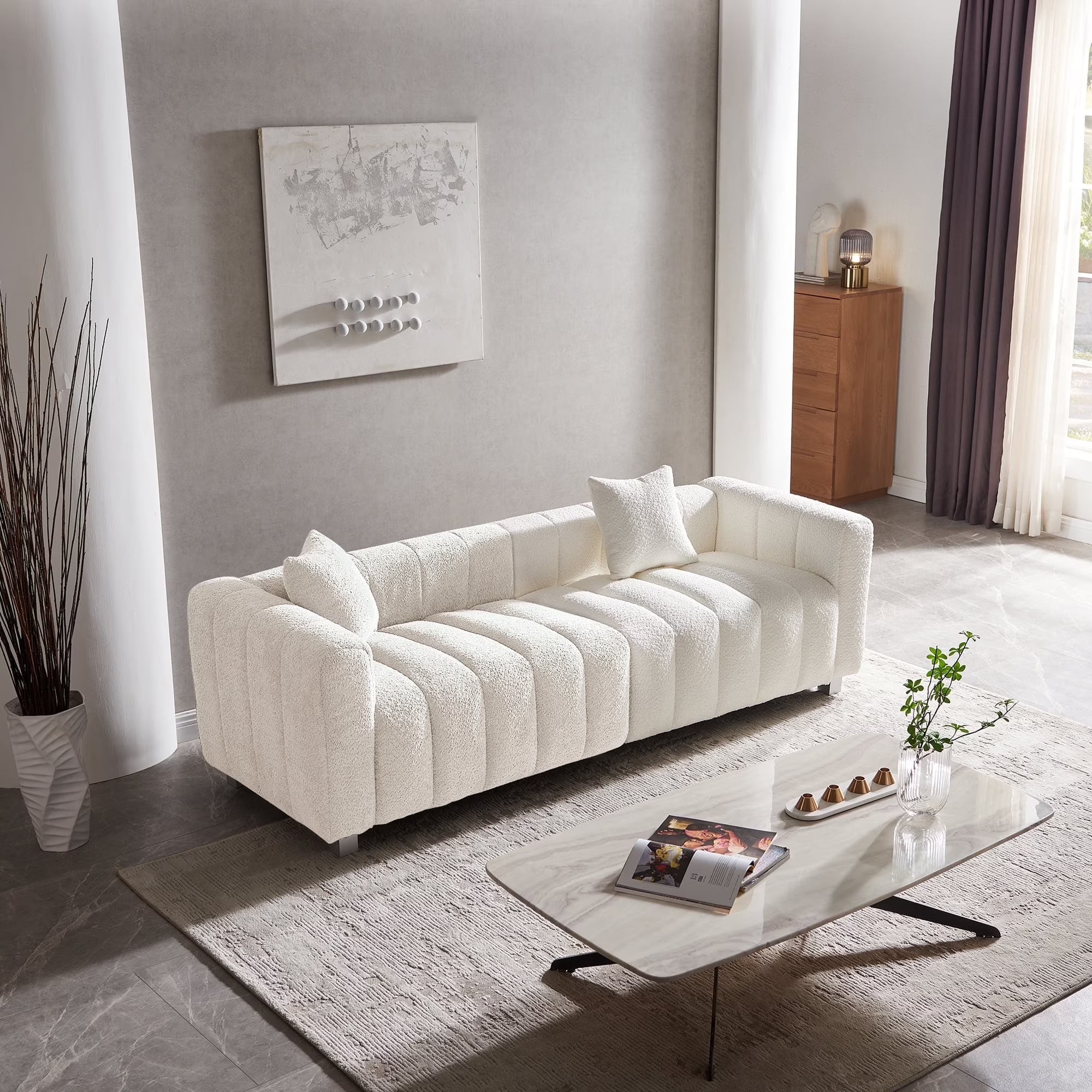 87.4'' 3 Seater Velvet Sofa Loveseat ,Pianokey sofa Modern Bubble Upholstered Couch with 2 Pillows and Metal Feet for Living Room Gray+White