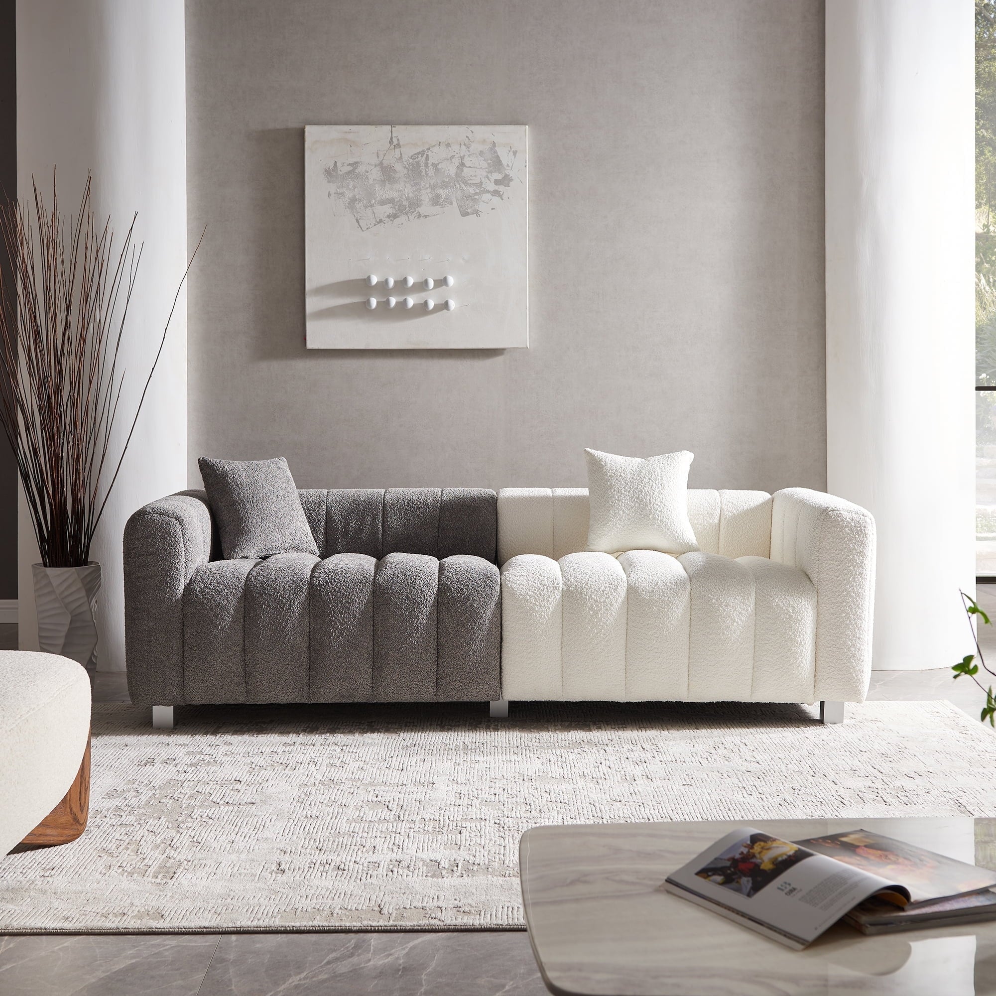 87.4'' 3 Seater Velvet Sofa Loveseat ,Pianokey sofa Modern Bubble Upholstered Couch with 2 Pillows and Metal Feet for Living Room Gray+White
