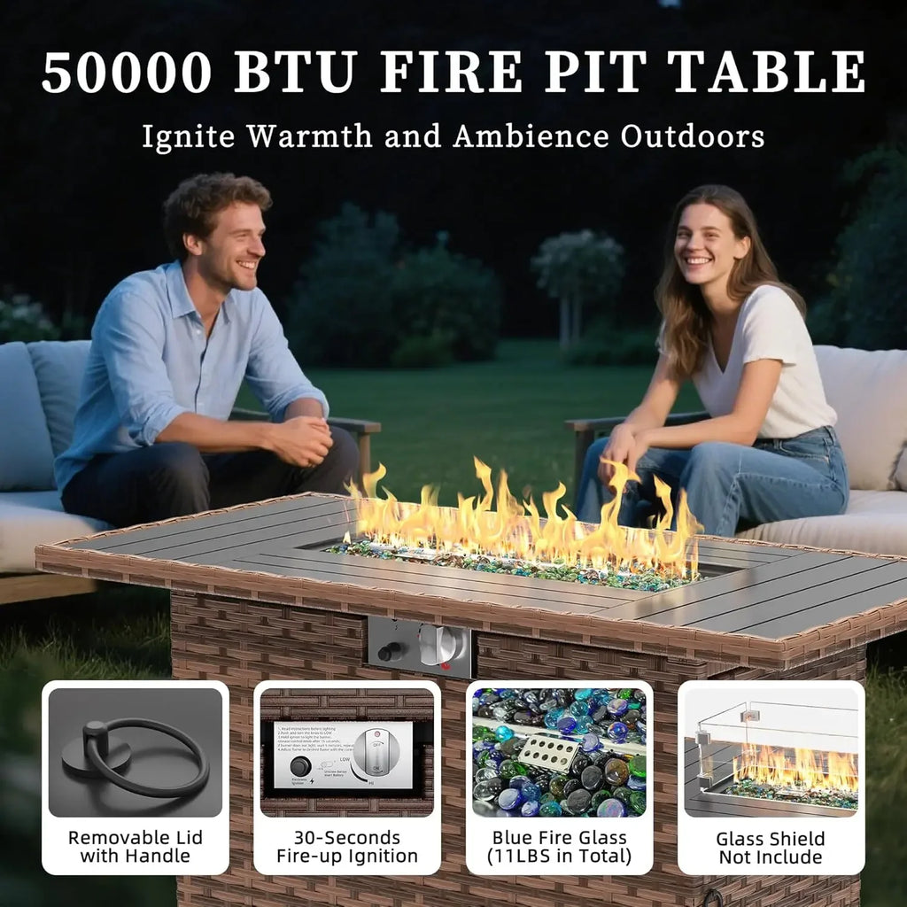 8-Piece Outdoor Sectional Sofa Set with Fire Pit Table — All-Weather PE Wicker Patio Conversation Set