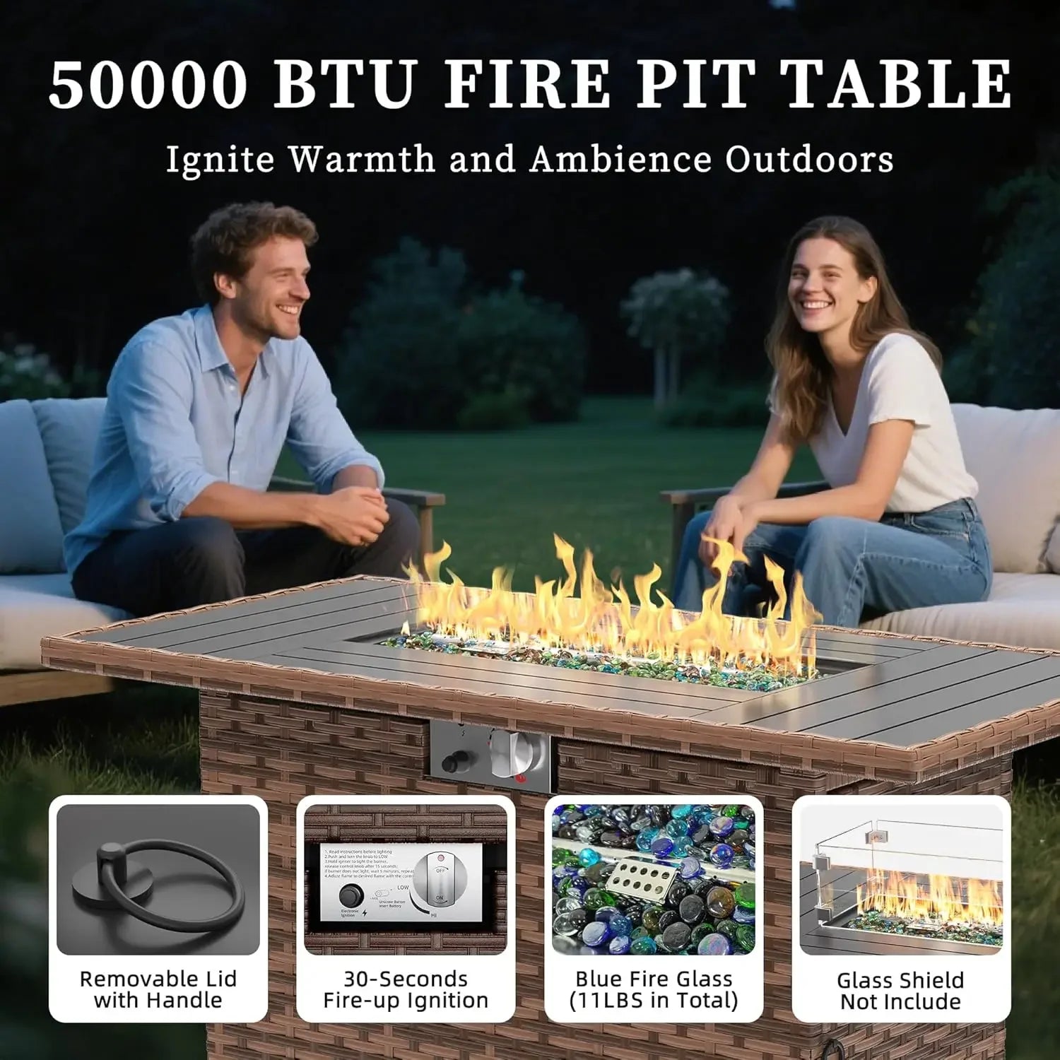 8-Piece Outdoor Sectional Sofa Set with Fire Pit Table — All-Weather PE Wicker Patio Conversation Set