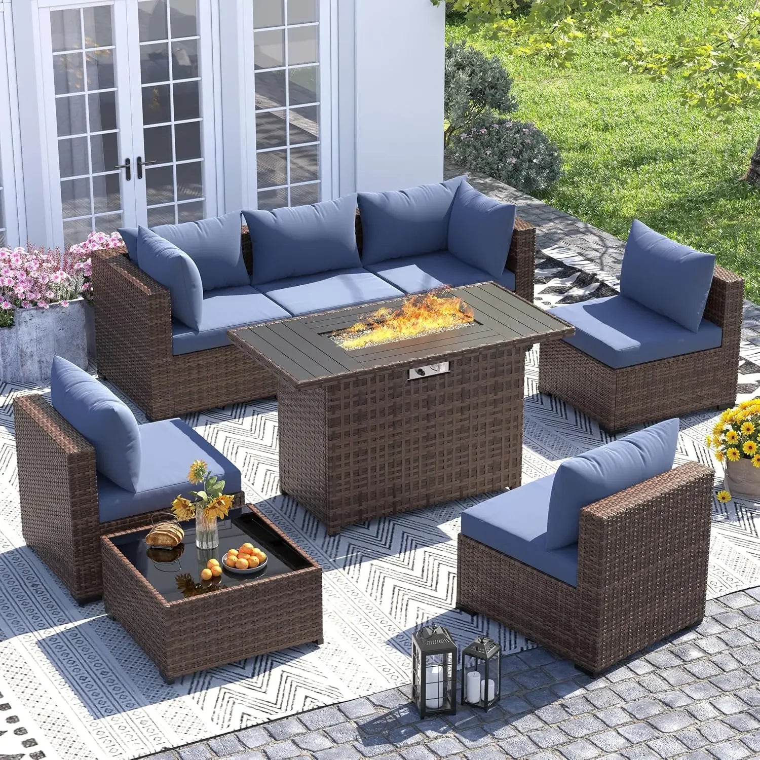 8-Piece Outdoor Sectional Sofa Set with Fire Pit Table — All-Weather PE Wicker Patio Conversation Set