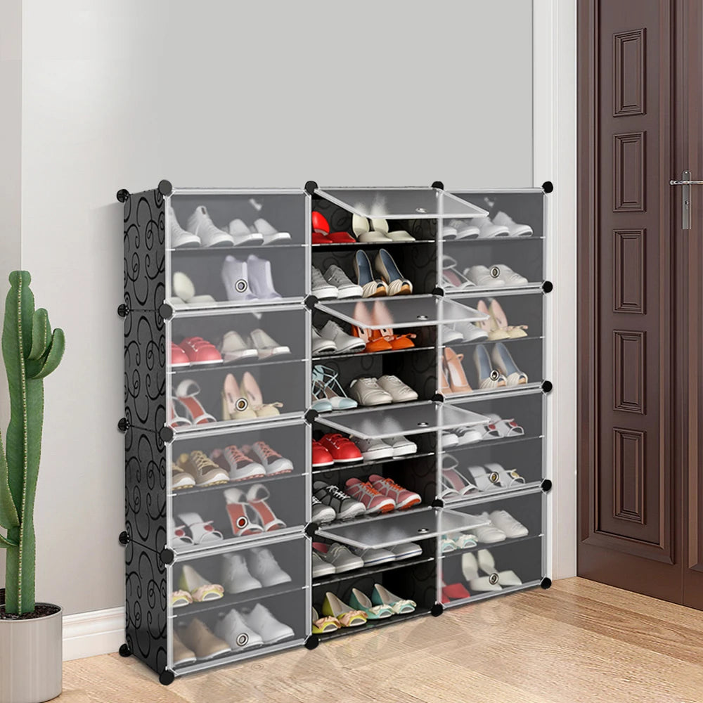 12-Compartment Modular Shoe Cabinet | Stackable DIY Organizer with Plastic Doors — Black